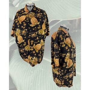 Vintage 90s Pineapple Juice Pineapples and Palms on Black Hawaiian Shirt Size L